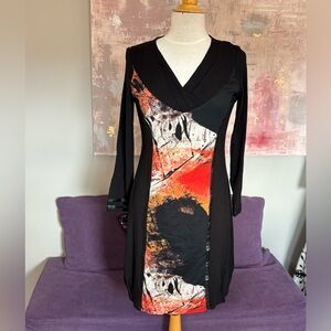 Simon Chang Black, Orange, White Long Sleeve Abstract Dress‎